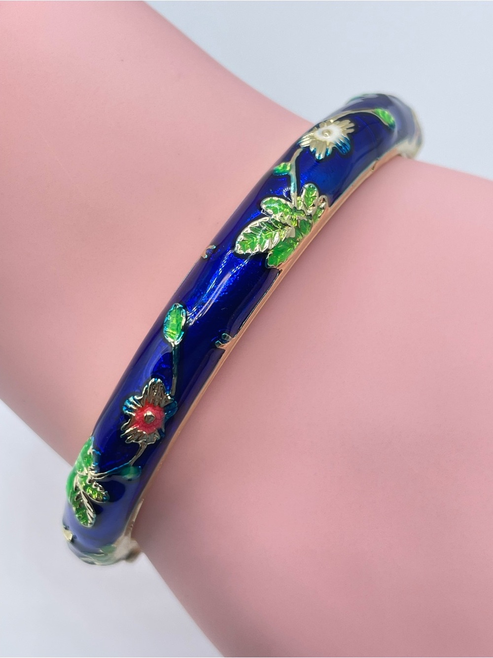 Vintage Style Cloisonné Floral Enamel Blue Gold Clamper Bangle Boho Statement